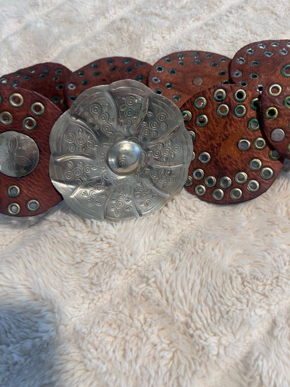 Boho Round Leather Concho Belt with Silver Medallions - Brown - Picture 4 of 6